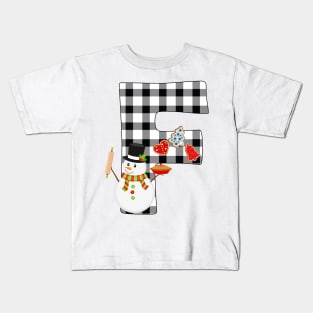 BW Buffalo Checks Pattern Monogram F | Snowman Kids T-Shirt